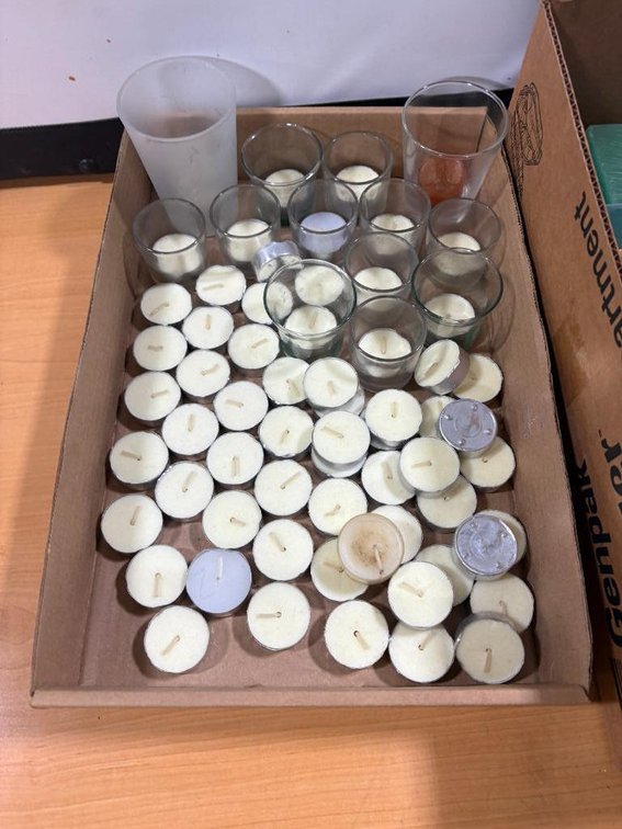 Box of Unused Tea Candles and Candles