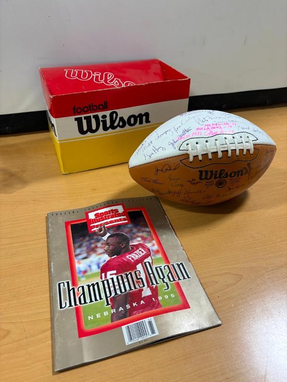 Team Signed Wilson Football by 1981 Cornhusker Football Team, Nebraska Oklahoma, Solich, Osborne, Frazier SI Magazine