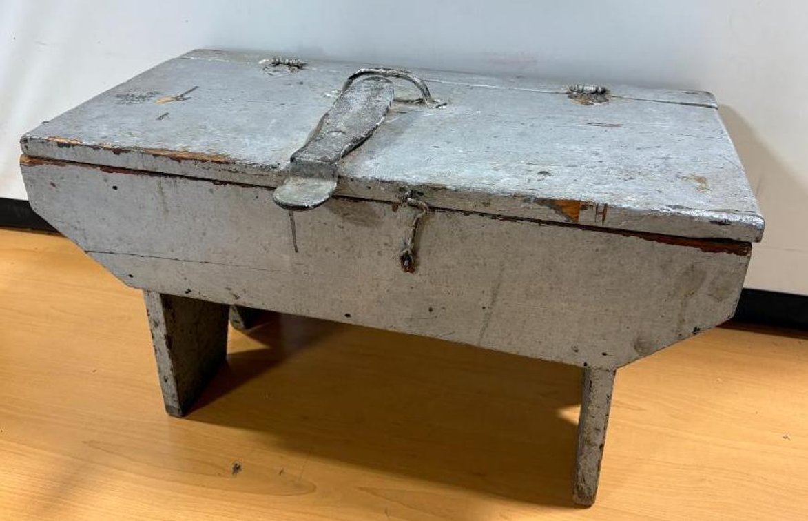 Primitive Bench with Storage, Hinged Lid, Grey Paint