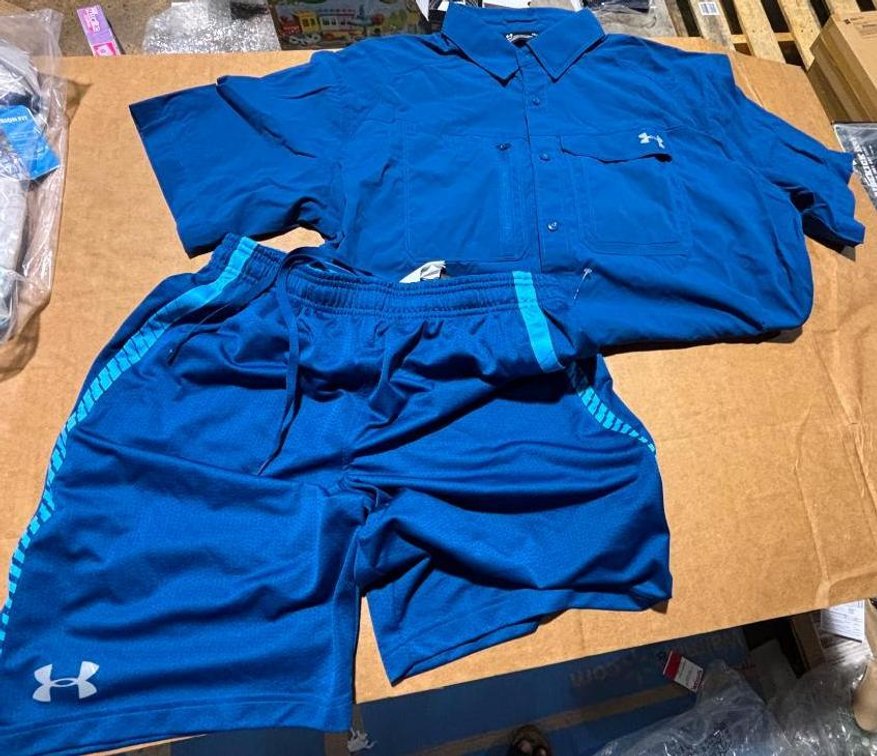 Lot of 2 Under Armour Short Sleeve Polo Shirts & Shorts Blue Men's Size L