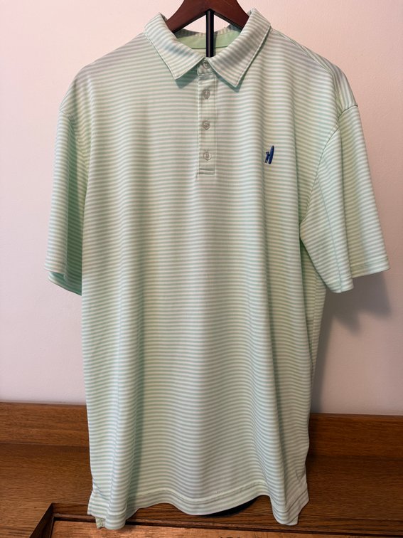 Johnnie-O Prep-Formance Size XL Polo w/ Surfer Dude Logo, Bright Mint Stripe, 100% Polyester