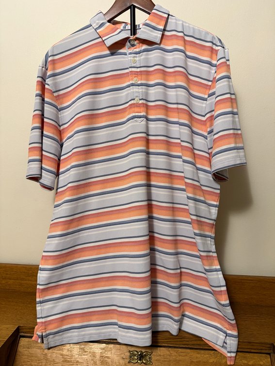 Johnnie-O Size XL Gulf Blue Striped Polo Shirt, 93% Polyester, 7% Spandex w/ Surfer Dude Logo