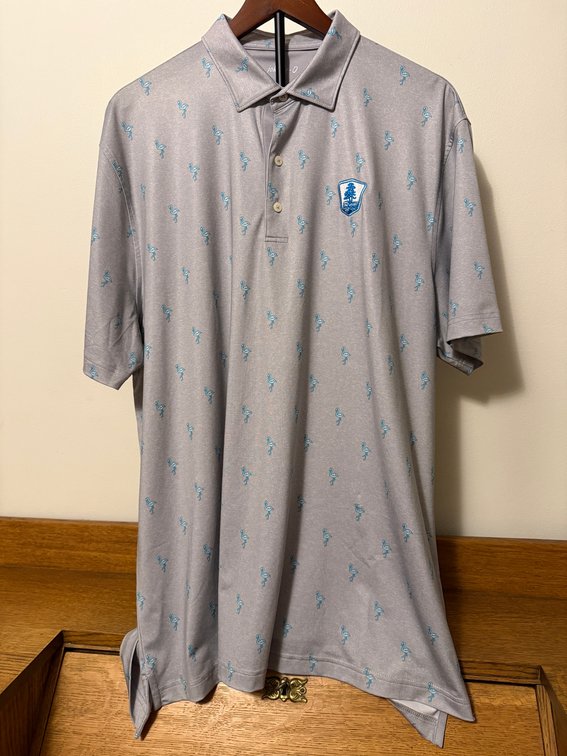 Johnnie-O Size XL Flamingo Performance Polo Shirt, 93% Polyester, 7% Spandex, Surfer Dude & Golf Logos