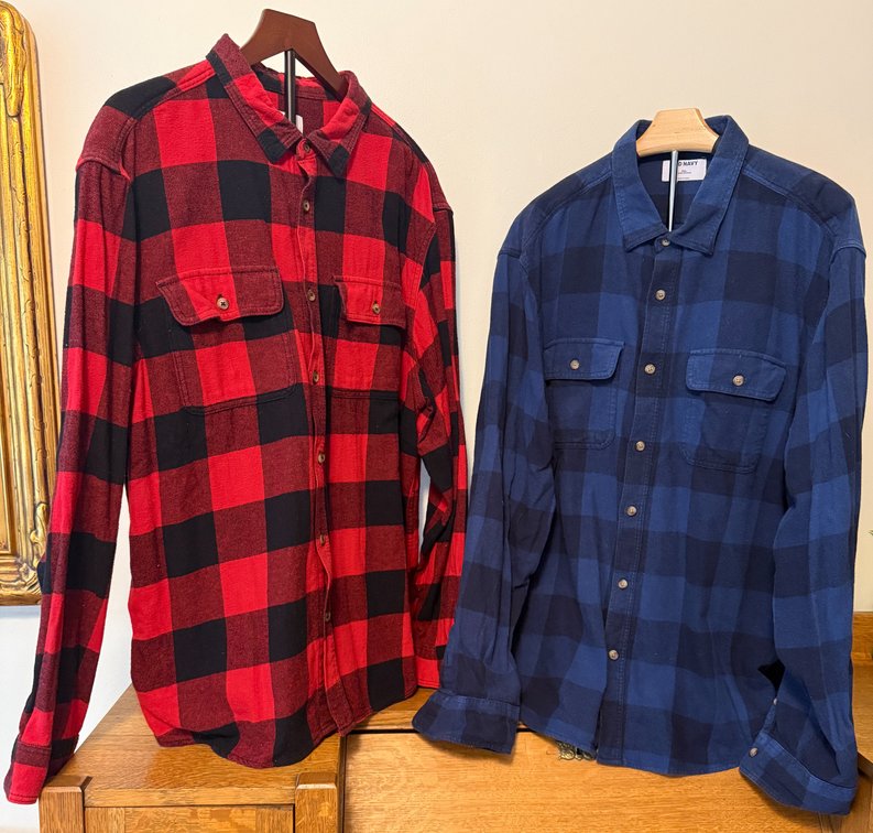 Pair of Buffalo Plaid Button Down Flannel Shirts by Old Navy, Good Quality, Size XXL, Blue and Red