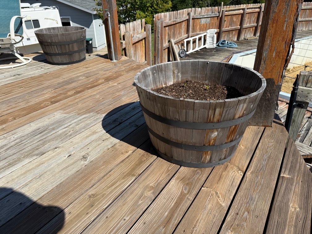 Pair of Wood Keg Tapered Planters w/ Round Metal Bands, Set of Two