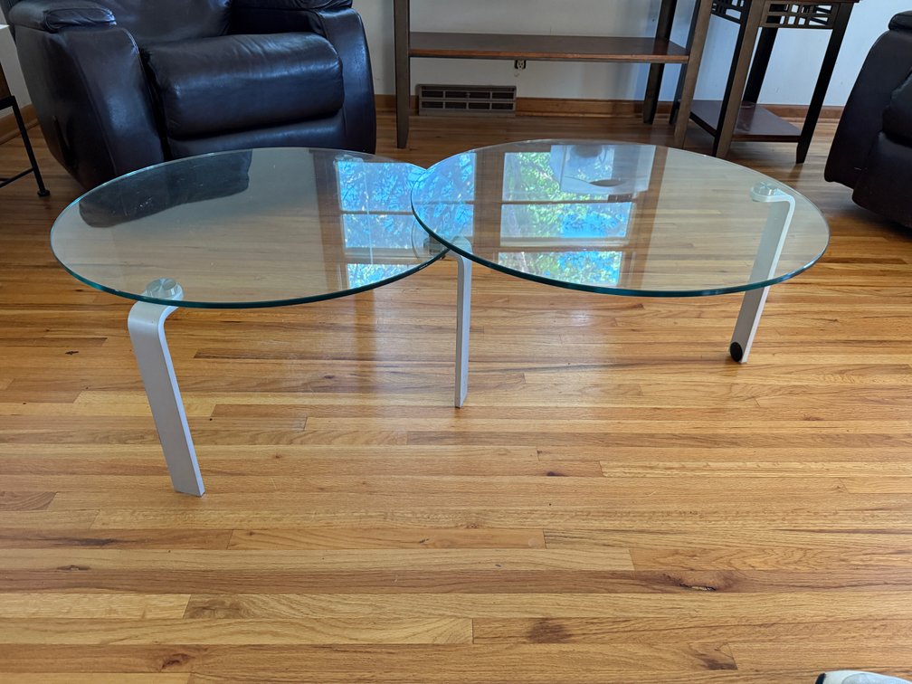 Tampered Glass Round Coffee Tables, Two Connected Surfaces, 52in Extended, 16in H