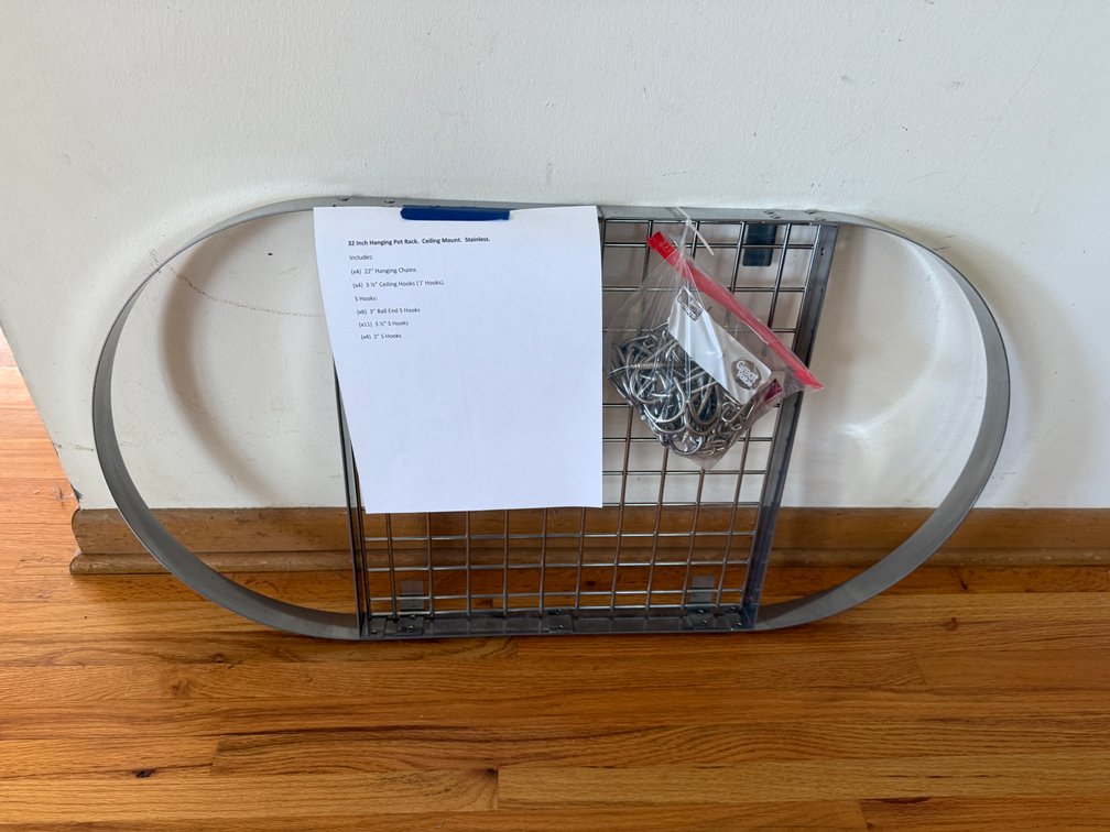 Hanging Pot Rack, 32in, Ceiling Mount, Stainless, See Photos for More Detail