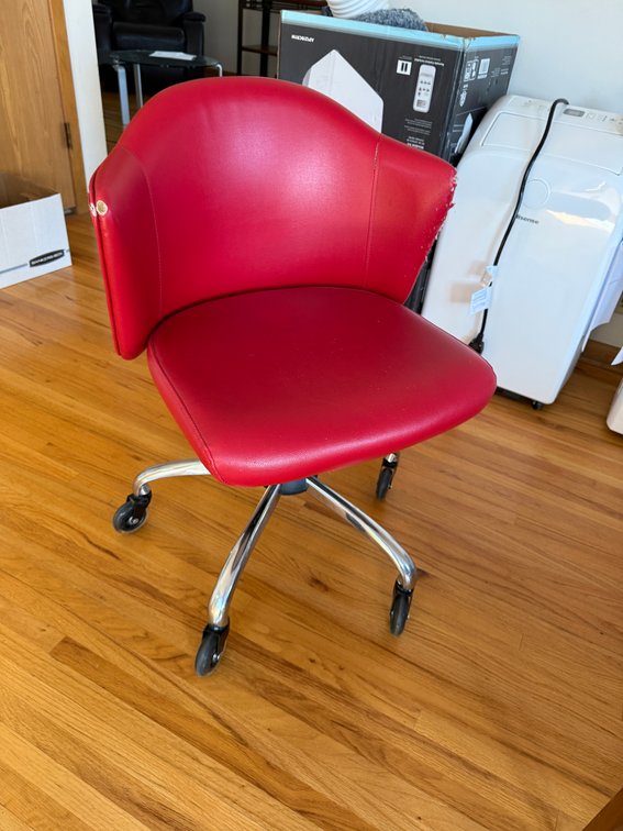 Retro Swivel Chair, Chrome Legs, Red Vinyl Upholstery, Used/Fair Condition w/ Worn Vinyl