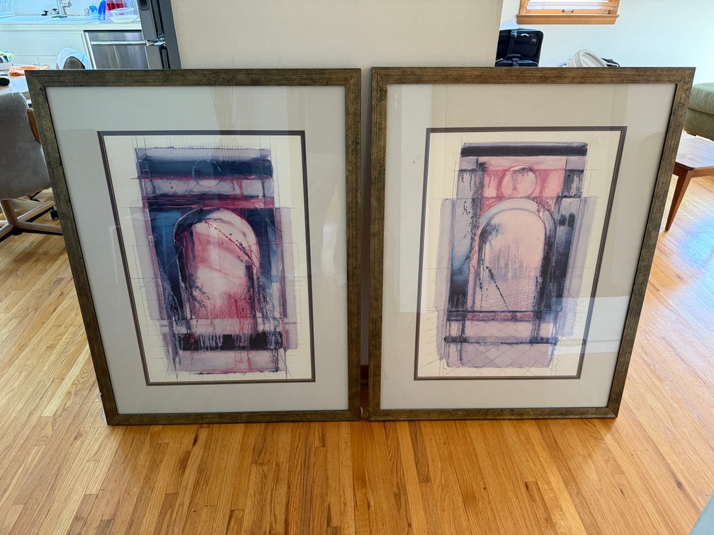 Matched Pair of Framed Contemporary Artwork, 43in x 33in, Contemporary Antique Finish Copper & Gold Frame