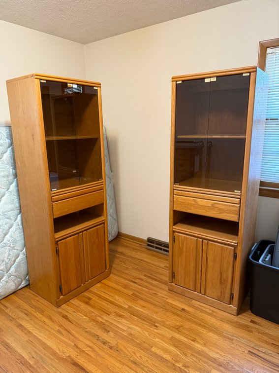 Matched Pair, Wood Entertainment Glass Front Cabinets, Built-In Lights, Magnetic Latch, 72in