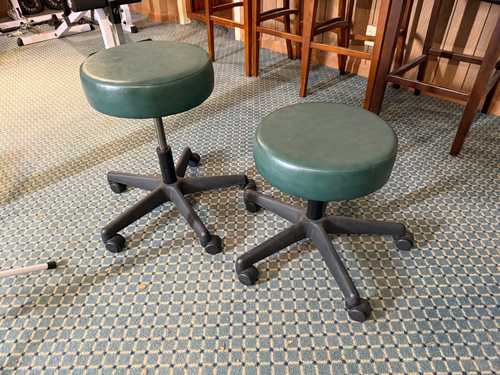 Pair of Brewer Co. Salon / Drum Stools, Adjustable Height, Swivel, Green Vinyl