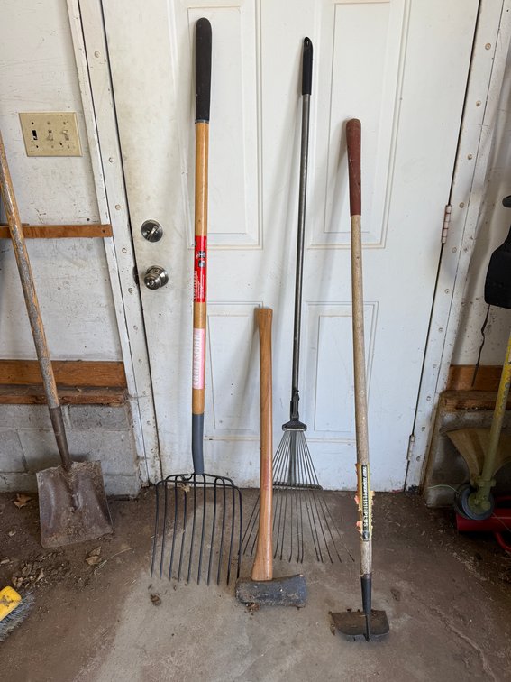 Rake, Splitting Axe, Hoe, Cob Fork, Shovel