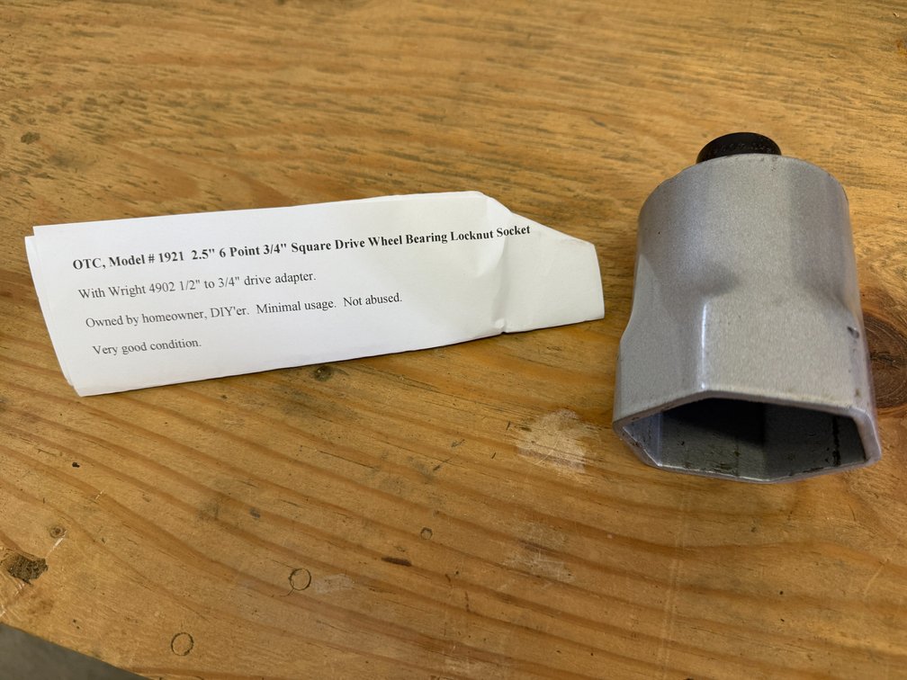 OTC, Model # 1921 2.5in 6 Point 3/4in Square Drive Wheel Bearing Locknut Socket, VG Cond. w/ Adapter