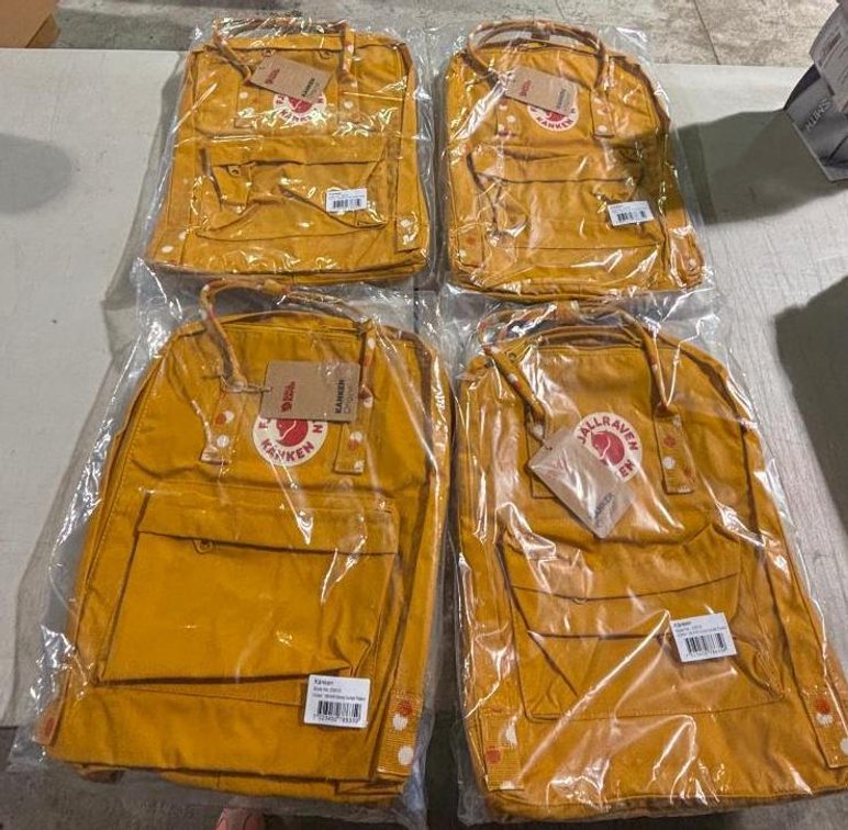 Lot of 4, Kanken Backpacks, Style: 23510, Color: 160-916/Ochre-Confetti Pattern, Sold High Bid x 4, 15in