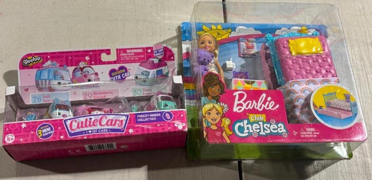 Pair of Toys, Barbie Club Clelsea, Shopkins Cutie Cars  Freezy Riders Collection 