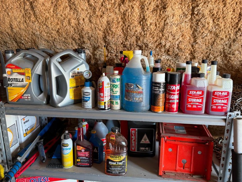 Two Shelves of Shop Supplies, Chemicals, Solvents, Freon, See Images