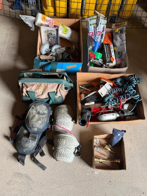 Group of Shop Supplies and Shop Related Items, Casters, Knee Pads, Strikers, Lights, Hardware
