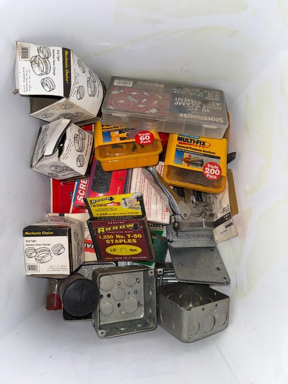 Box of NOS Anchors, Staples, Hose Clamps, Handy Boxes, Staplers, Misc.