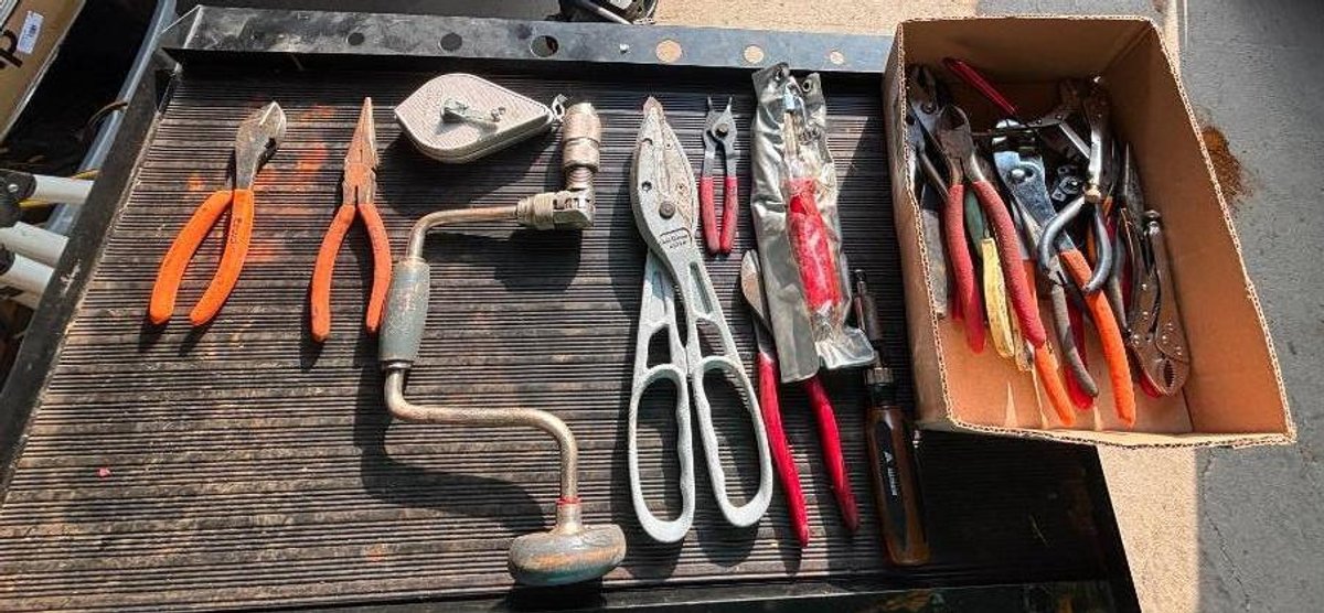 Group of Hand Tools, Brace Drill, Various Types of Pliers, Chalk Line and More