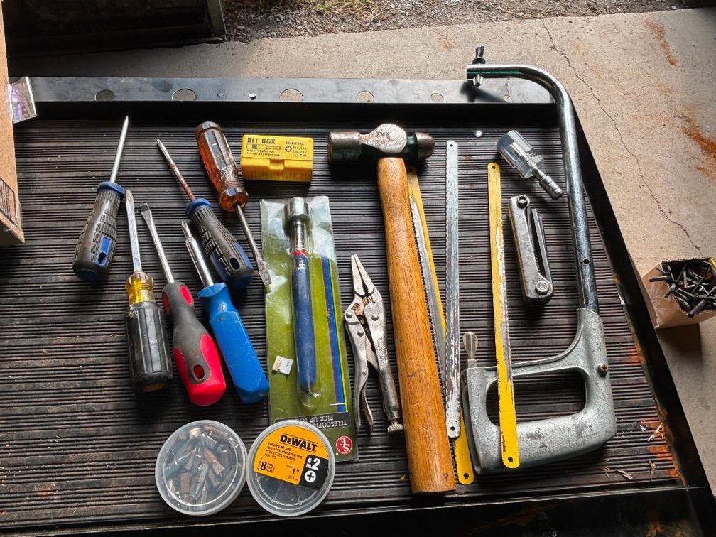 Group of Hand Tools, Hardware, Screwdrivers, Ball Peen Hammer, Hack Saw, Magnet