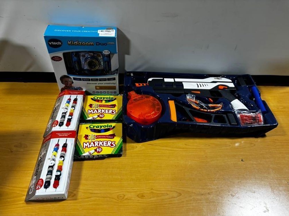 Group of New Items, Nerf Gun, (2) Cap Racks, 2 Sets of Markers, vTech Kidizoom Duo Camera