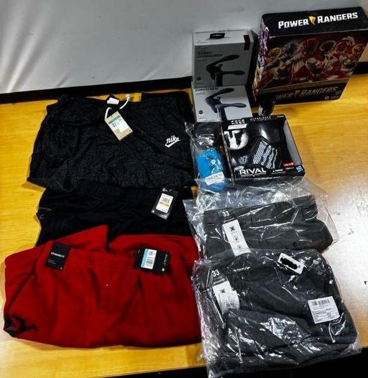 Group of New Products, Rabbit Corkscrews, Hurley Shorts, Nike Clothing, Rival Face Mask, Bottle Sling