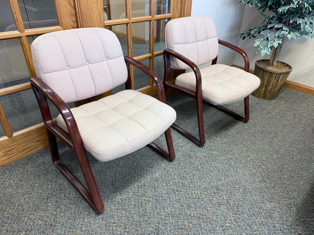 Pair of Matching Lobby Chairs, Cushions w// Solid Wood Frame, Quilted Pattern Stitching