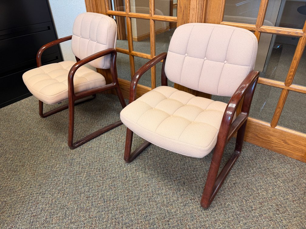 Pair of Matching Lobby Chairs, Cushions w// Solid Wood Frame, Quilted Pattern Stitching