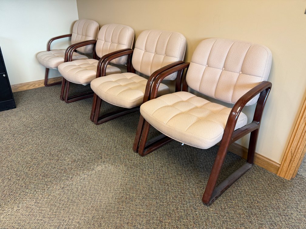 Four Matching Lobby Chairs, Cushions w// Solid Wood Frame, Quilted Pattern Stitching