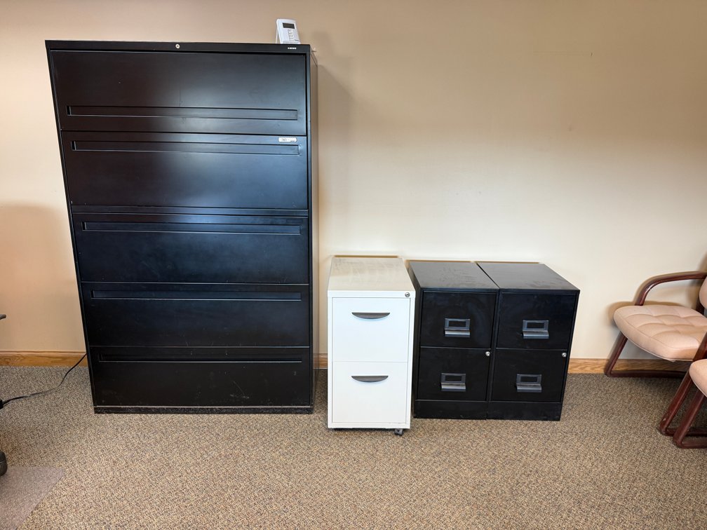 HON 4-Drawer Lateral File Cabinet, 67in x 19in x 42in Wide, w/ 3 Other Metal File Cabinets, See Images