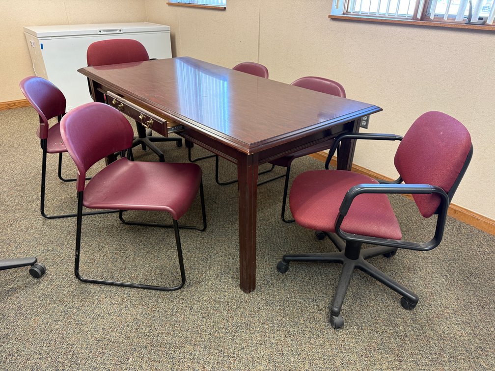 Simple One-Drawer Community Work Table / Desk w/ Six Chairs, Table is 72in x 36in x 30in H