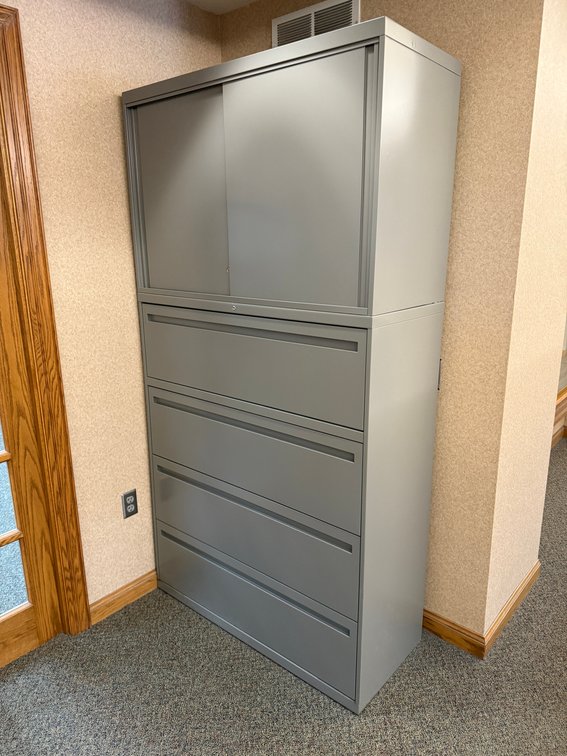 Metal Combination Cabinet w/ 4 Lateral Drawers, Top Storage Compartments w/ Sliding Doors, 80in H