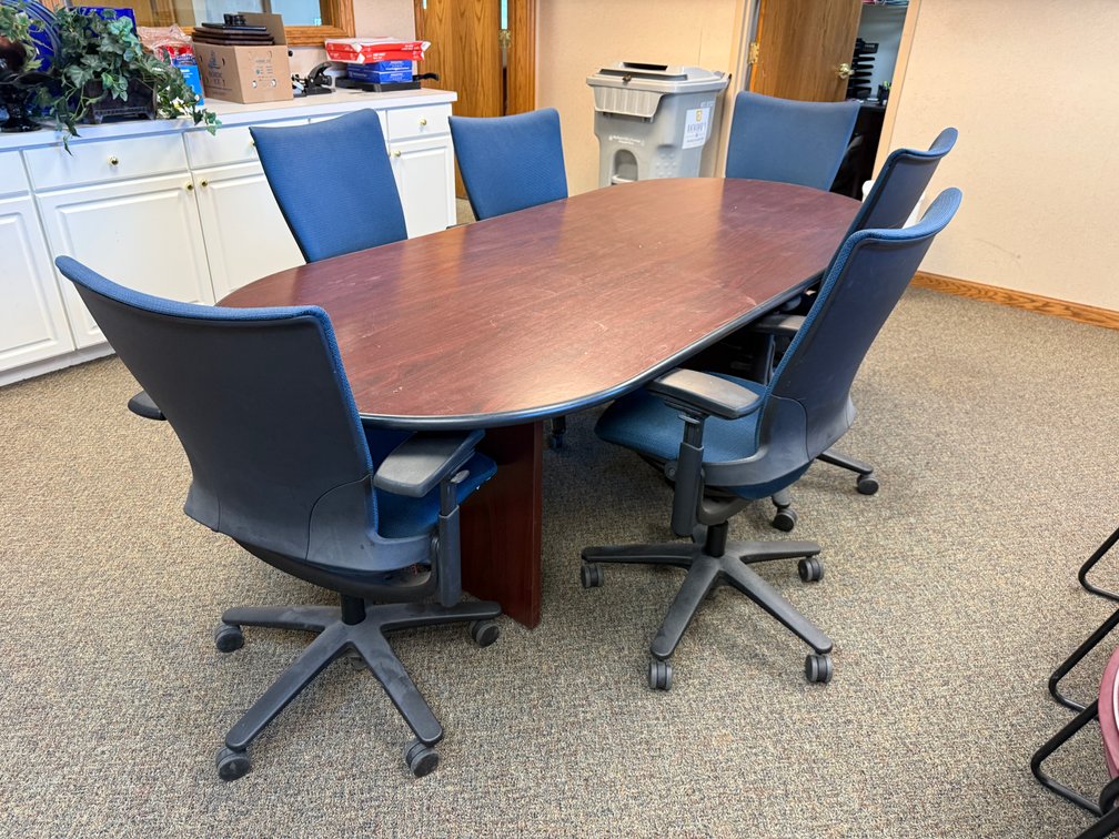 Oval Conference Table w/ Six Matching Chairs, Table 96in x 42in x 30in H, Chairs in Fair Cond. w/ Some Stainage 