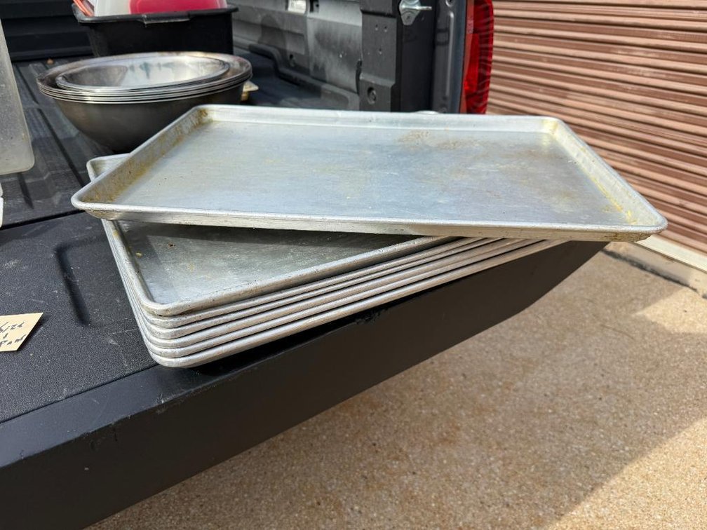 Lot of 7, Full-Size 18in x 26in Aluminum Sheet Pans, All for One Bid