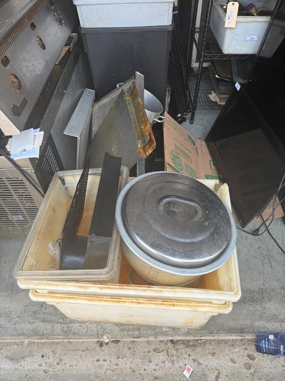 Misc. Supplies, Some Food Containers, Glasses, Pots & Pans, Fryer Splatter Guard, Etc