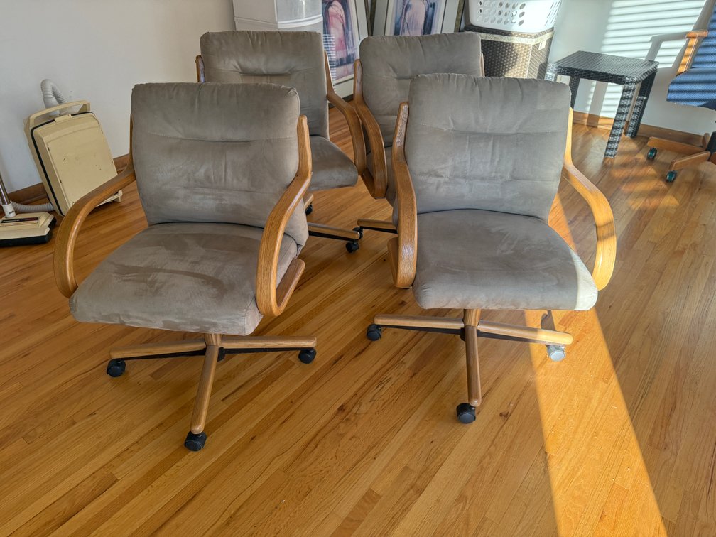 Lot of Four, Cushioned & Wood Rolling Kitchen Chairs, Matched Set