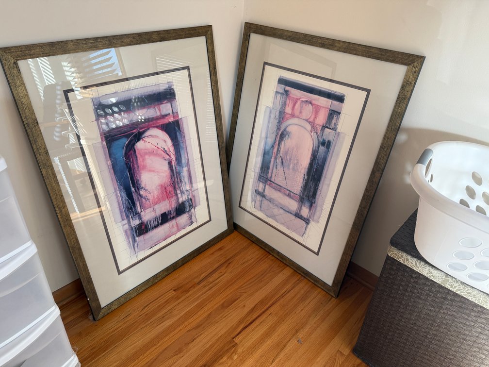 Framed Under Glass Artwork, Set of 2, 43in x 33in, Contemporary Prints, Ant. Copper & Gold Frames