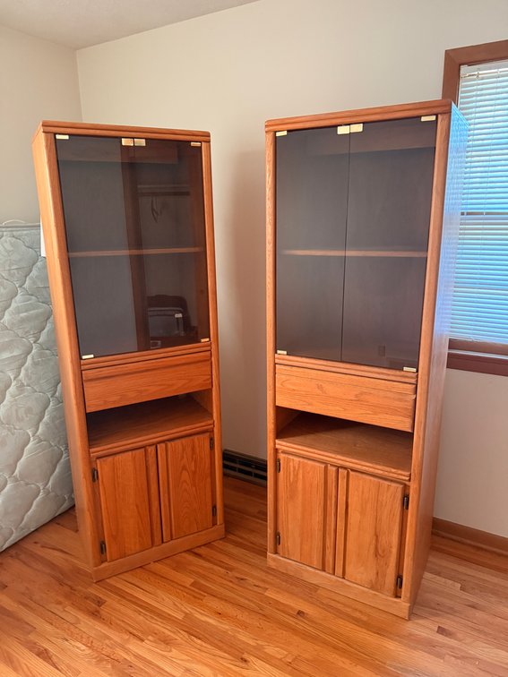 Matched Pair, Wood Vertical Cabinets w/ Smoked Glass Doors, Drawer, Lower Storage, Clean