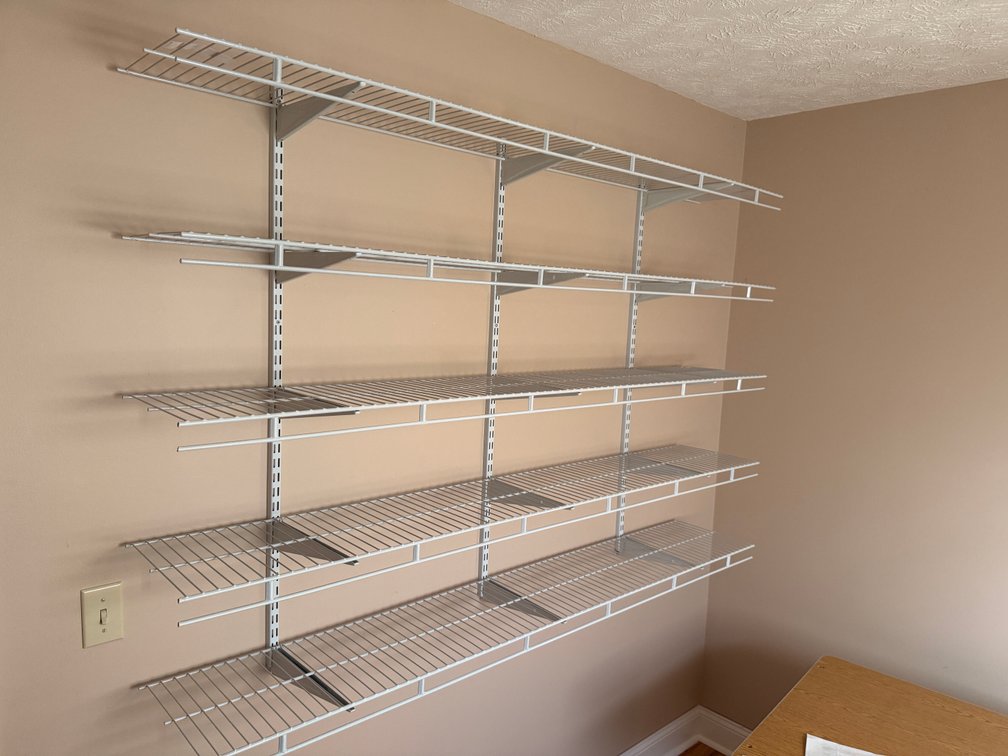 White Epoxy Metal Wall-Mount Shelves, Upright Bars w/ Brackets & 5 72in Shelves, 12in