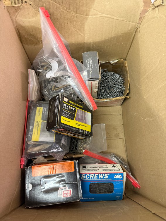 Box of Screws and Nails, Lots of Drywall Screws, Staples, Screws