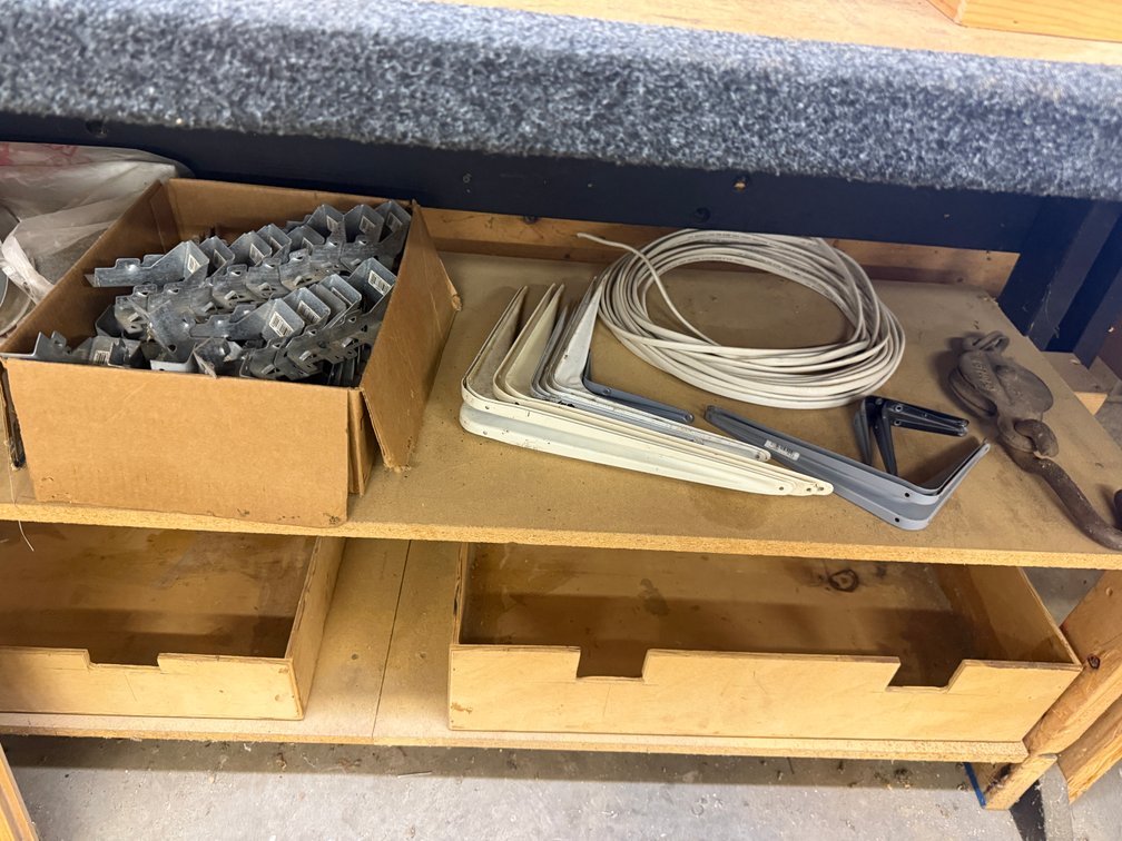 Group of Shelf Brackets, Box of Stud Hangers, Duct, Antique Pulley & Hook