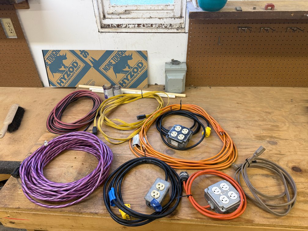 8 Electrical Extension Cords, VG Cond. (2) 4-Way Outlets, 2-Way Box Outlets, 1 Shut Off Box, Glass Pane, Conduit