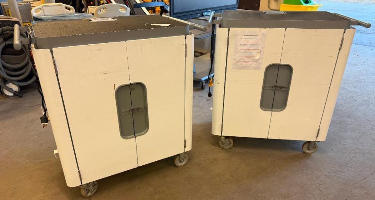 Lot of 2, Commercial Laptop & Tablet Charging Carts w/ Box of Computer Mouse Units