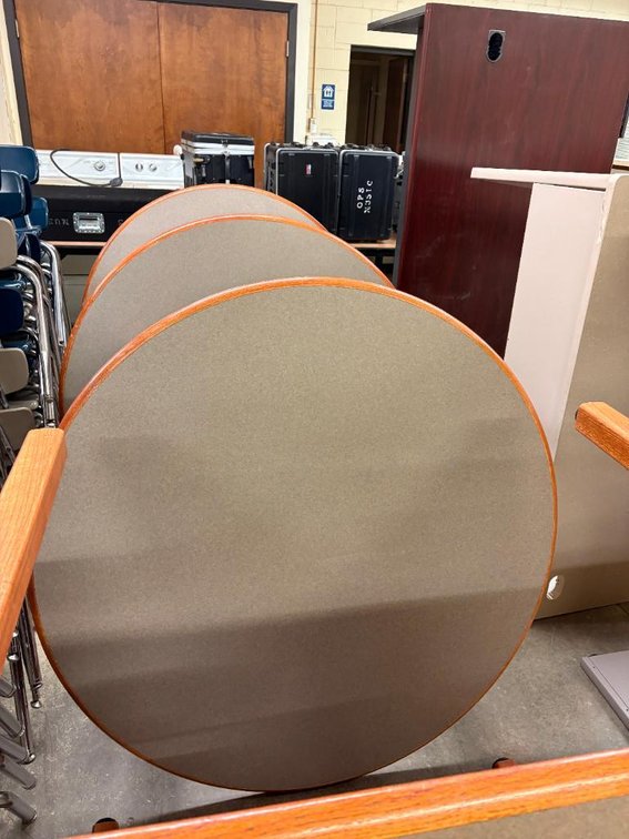Lot of 3, Matching Laminate Top, Wood Edge, Round Tables, Approx. 48in Dia.