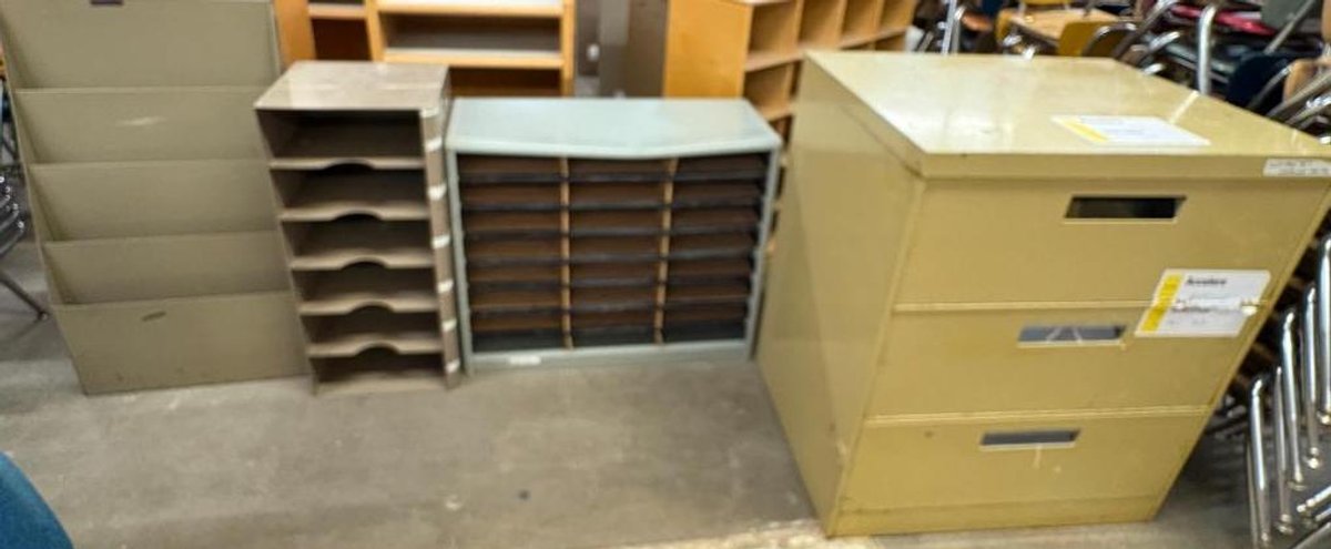 Lot of 4, Cabinets, Mail Sorting, 3-Drawer File, Six Slot Sorting and Periodical Cabinet