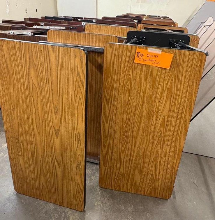 Lot of 23, HD Wood Grain Laminate Top Work Tables, Adjustable Height, 24in x 48in