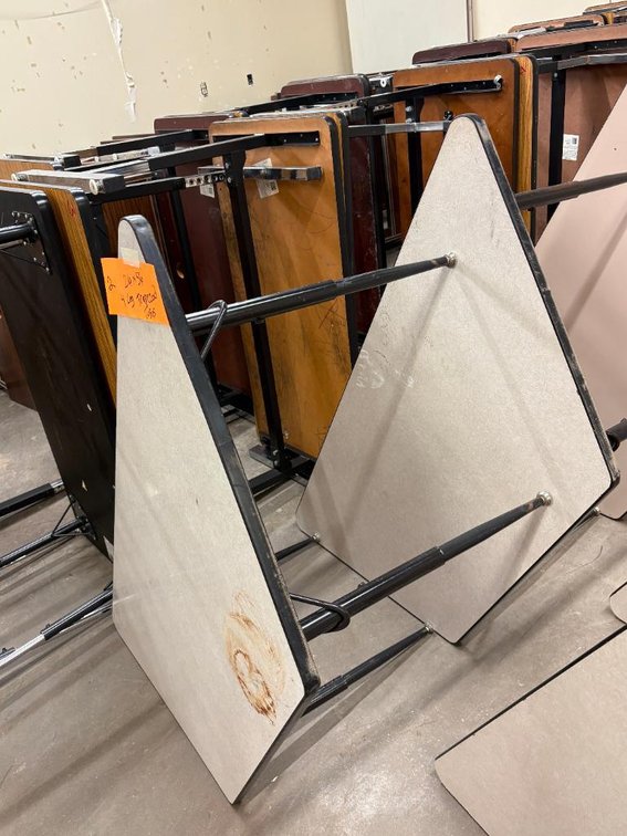 Lot of 2, Laminate Top, Adjustable Height Trapezoid Work Tables, 56in x 26in