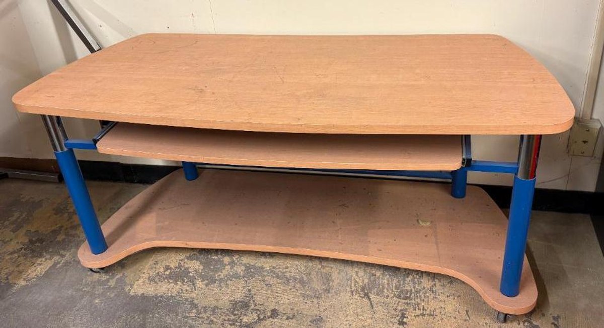 Mobile Desk, Laminate  w/ 58in. Wide, 26in H, Movable Desk w/ Keyboard Tray, Lower Storage