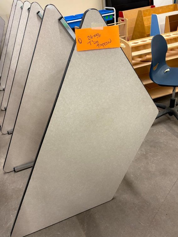 Lot of 6, Laminate Top, Adjustable Height Trapezoid Work Tables, 56in x 26in