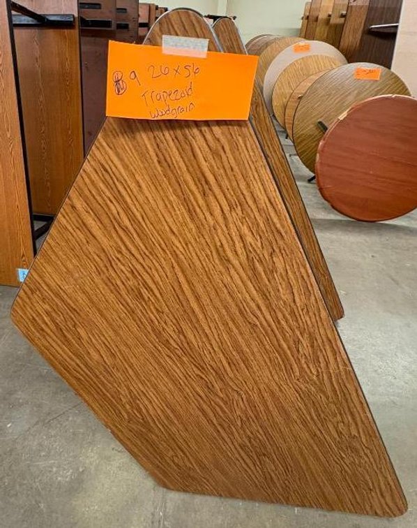 Lot of 9, Trapezoid, Wood Grain Laminate Top Work Tables, 56in x 26in
